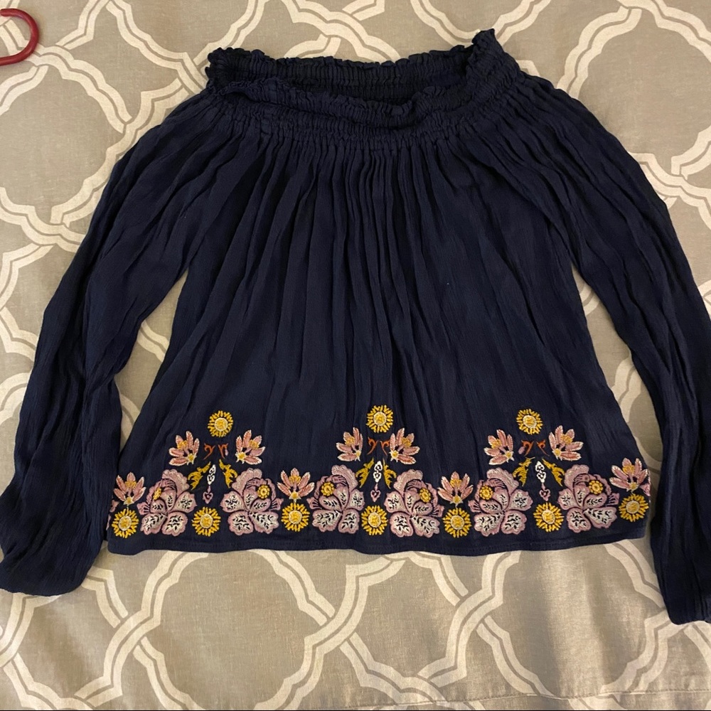 Navy blue with floral embroidery Hollister long sleeve shirt